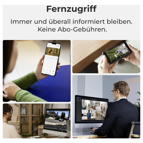 Ein Mann und eine Frau überwachen Kameras auf mehreren Geräten, begleitet von dem Text 'Fernzugriff: Immer und überall informiert bleiben. Keine Abo-Gebühren.'.
